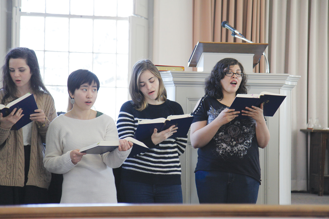 AN expression of faith: Members of the Brown-RISD Catholic Community Choir sing a Communion hymn during an Alumni Mass at Brown University’s Manning Chapel on Feb. 28.