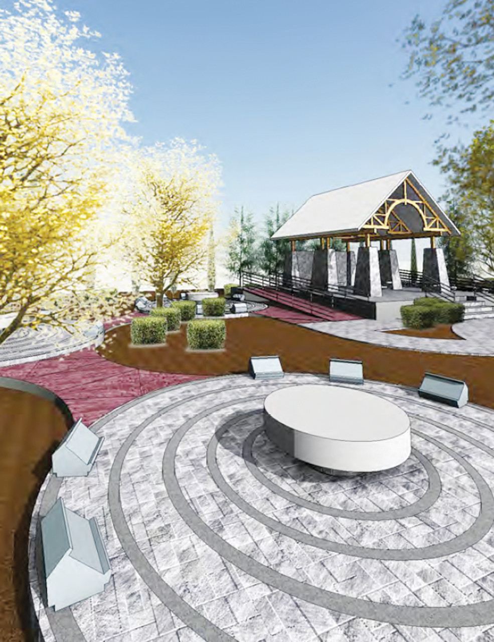 Memorial Gardens:  According to the Foundation’s website, individual memorials to the 100 victims will be nestled within these dozen circular areas divided between the Eastern and Western walkways bordering each side of the park. Centered within each garden will be a stone bench. The design allows those walking through the park to comfortably pass behind those visitors who wish to sit and reflect on a single memorial.