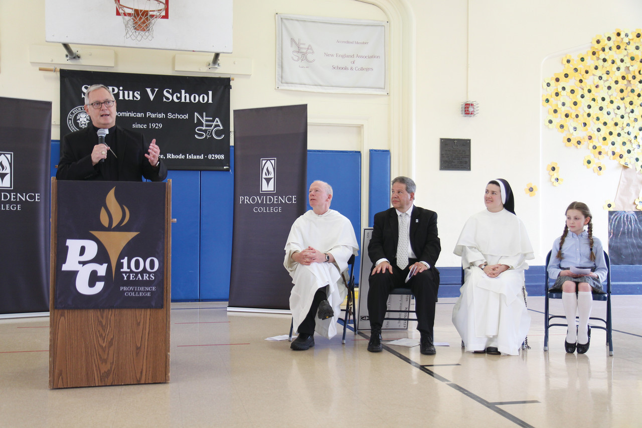 Bishop Thomas J. Tobin accepted the donation on behalf of the Diocese of Providence. “It makes a real difference for us not just in this financial respect, but because we take it as a sign of support and affirmation and agreement that the Catholic schools provide an invaluable service to our Church,” he said