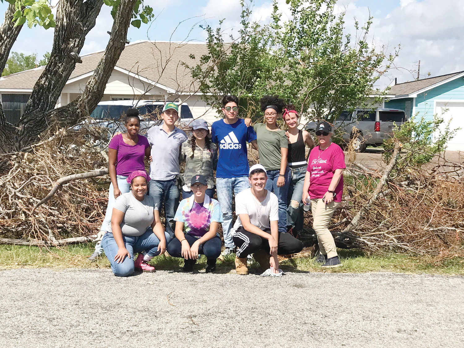 Eight St. Patrick Academy seniors joined volunteers coordinated by the Diocese of Corpus Christi during a recent service trip to participate in cleanup efforts following Hurricane Harvey. Pastor Father James Ruggieri and Director of Campus Ministry Mary Cipriano also joined them on the trip.