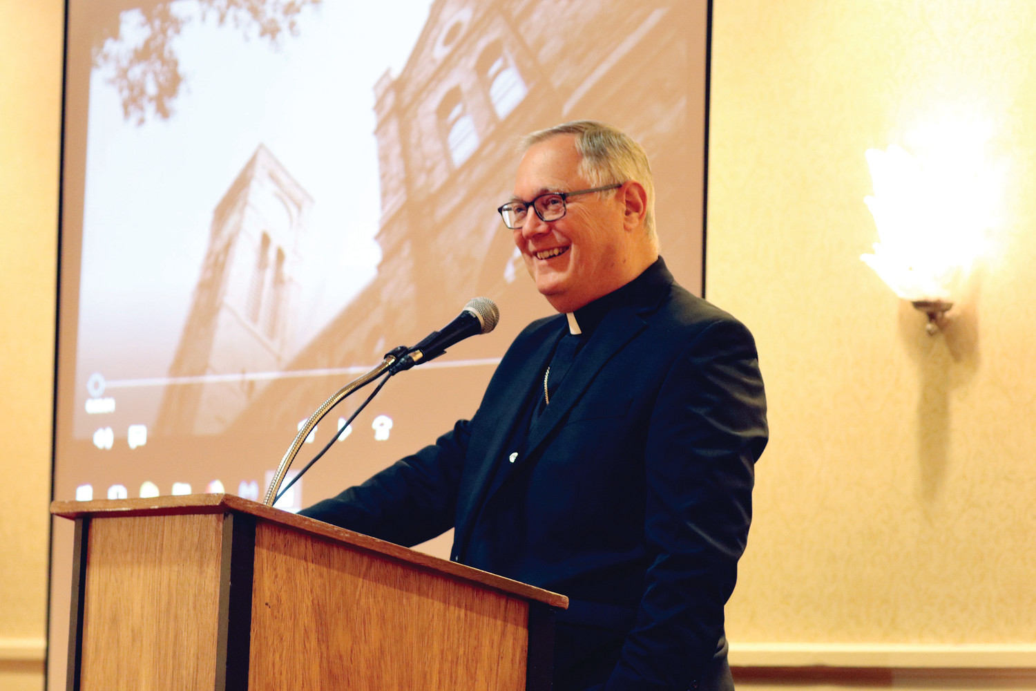 Bishop Thomas J. Tobin answers questions during a convocation for diocesan deacons on February 3 at the Radisson Airport Hotel in Warwick. The bishop offered prayers with the deacons and shared his gratitude for their continued service to the Catholic Church.