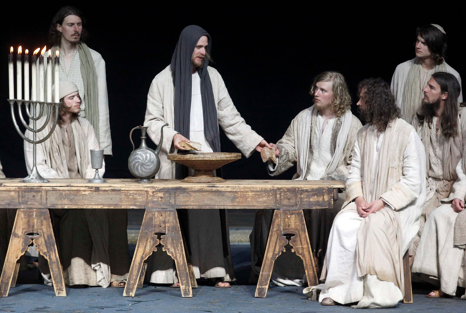 Frederik Mayet, third from left, portrays Jesus Christ at the Last Supper during a 2010 rehearsal of the famous Passion Play in Oberammergau, Germany. The village has put on the play roughly every 10 years since 1634, fulfilling a promise made by villagers when they were saved from the plague.