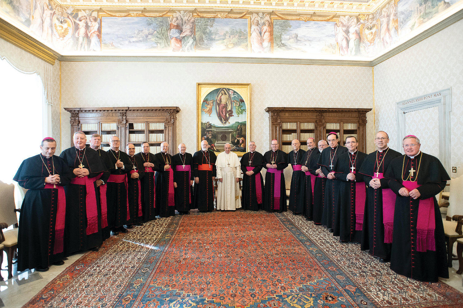Pope Francis poses with U.S. bishops from New England during their "ad limina" visits at the Vatican Nov. 7, 2019.