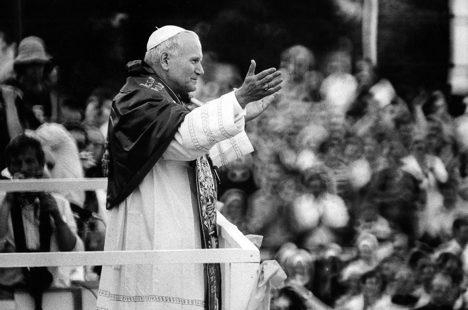St. John Paul II greets throngs of Poles waiting for a glimpse of their native son at the monastery of Jasna Gora in Czestochowa during his 1979 trip to Poland. April 2, 2020, is the 15th anniversary of the pope's death in 2005.