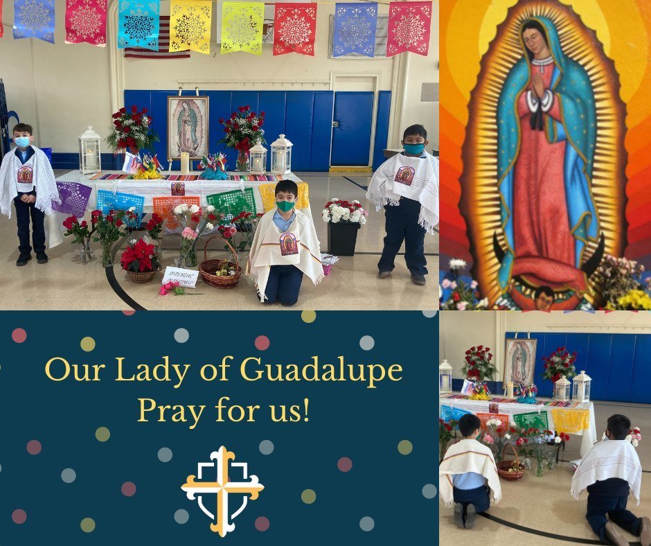Escuela St. Pius V: Estudiantes de St. Pius V visitan  el altar de Nuestra Señora de Guadalupe en el gimnasio de la escuela el 11 de Diciembre como preparación a la celebración Guadalupana.