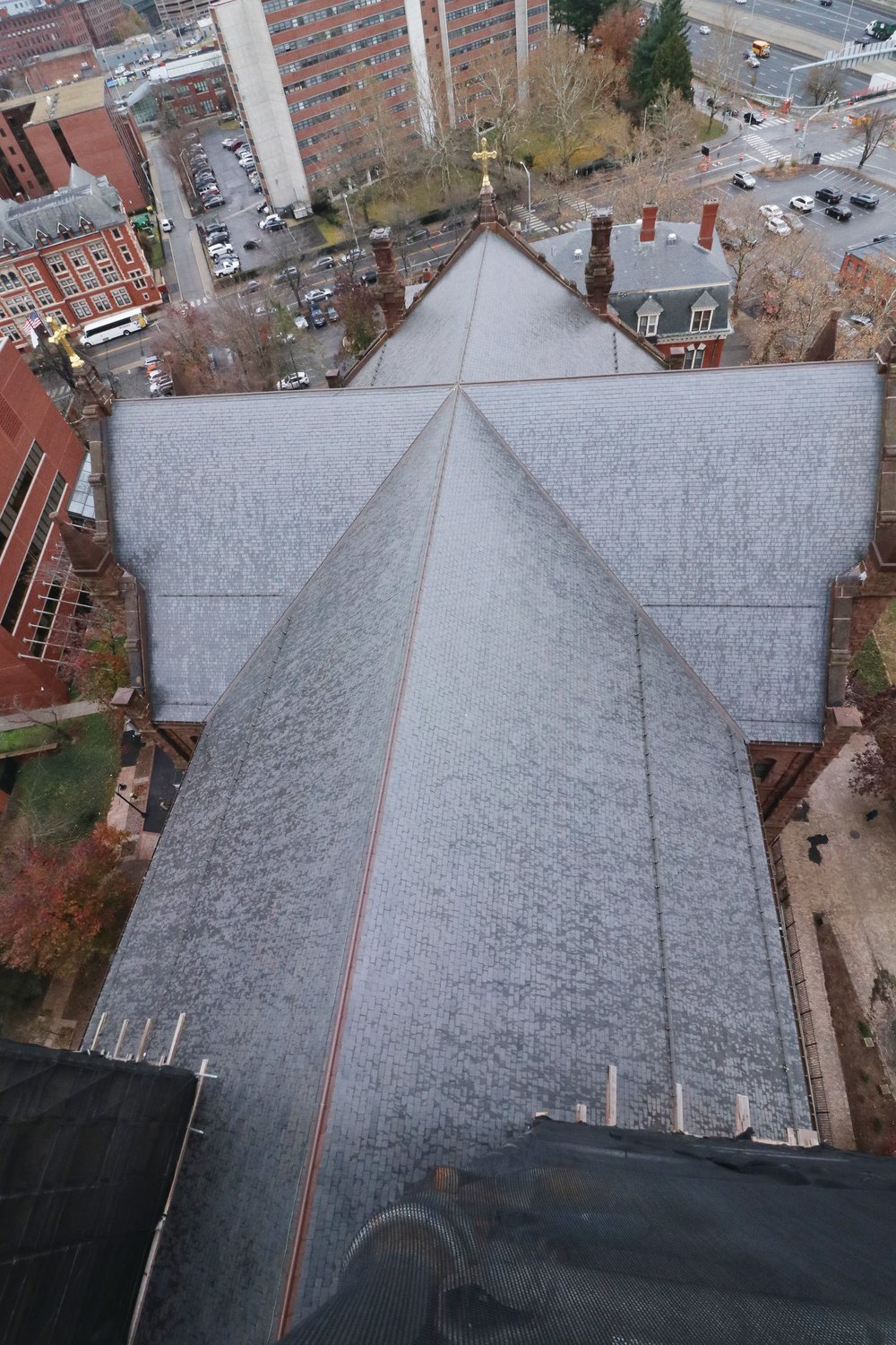 A view of the newly replaced roof of the Cathedral of SS. Peter and Paul from atop the west tower.