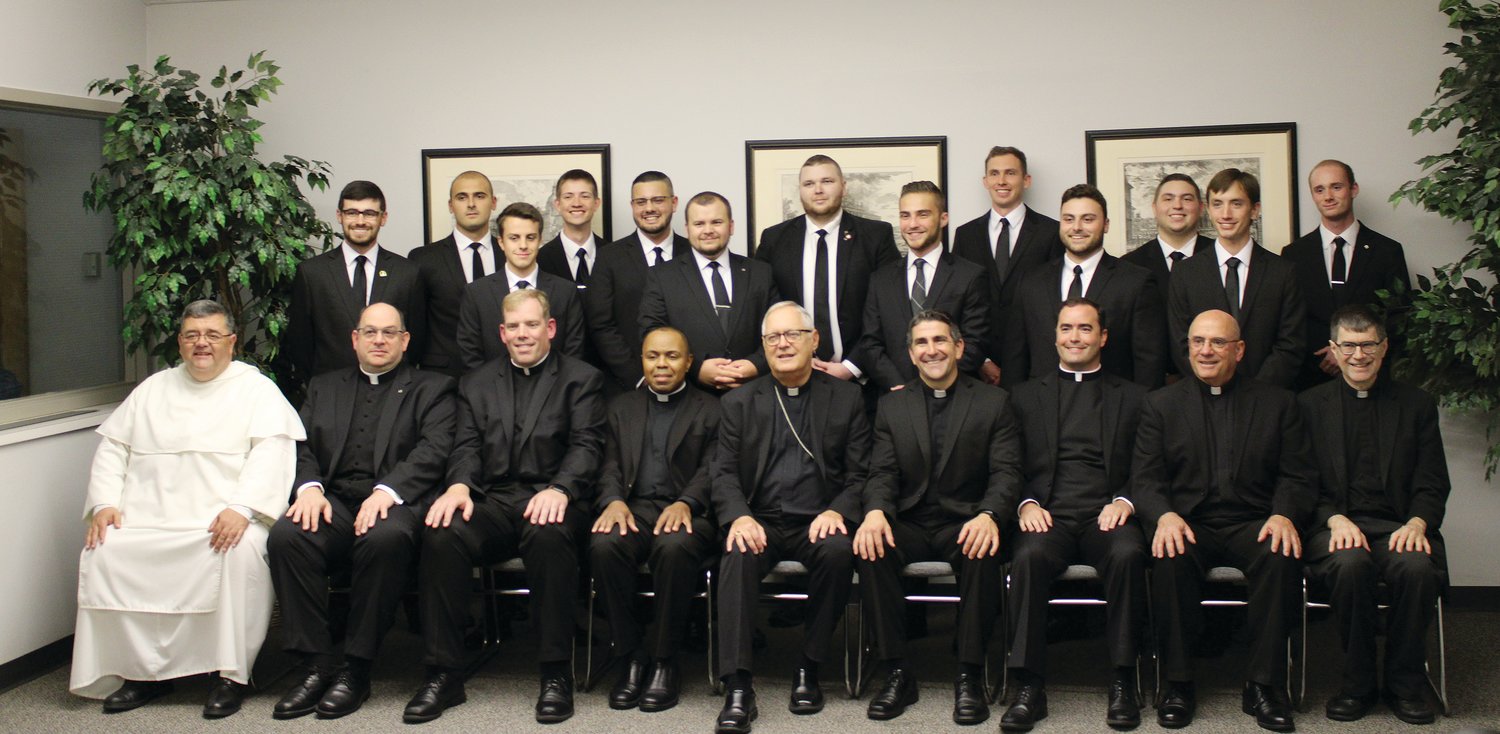 Bishop Thomas J. Tobin, center, gathered on Sept. 6 with the priest faculty of the Seminary of Our Lady of Providence for a photo with the 13 seminarians currently enrolled in this year’s class, including six from the diocese, as OLP marked the opening of the 2022-2023 academic year. Bishop Tobin celebrated Mass in the seminary’s chapel before joining the seminarians for dinner.