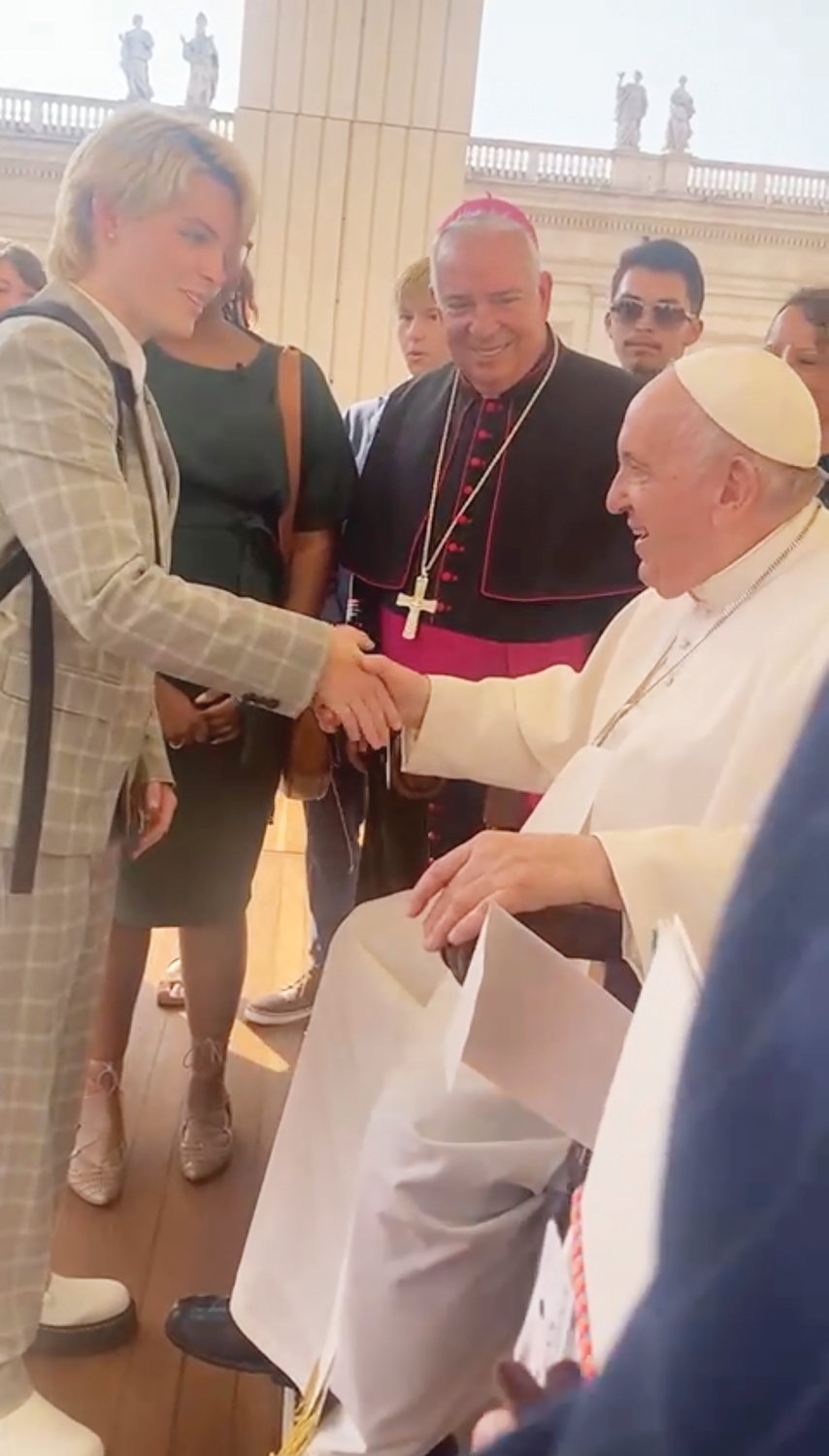 Olivia Marcoux meets Pope Francis during a visit on October 12 in St. Peter’s Square. She has served as a Mother of Hope Camp counselor, is a member of the Diocesan Leadership Team, teaches faith formation at her parish and is on her school’s campus ministry. Having been named to the National Youth Advisory Council on August 1, she will serve on the council through July 31, 2024.