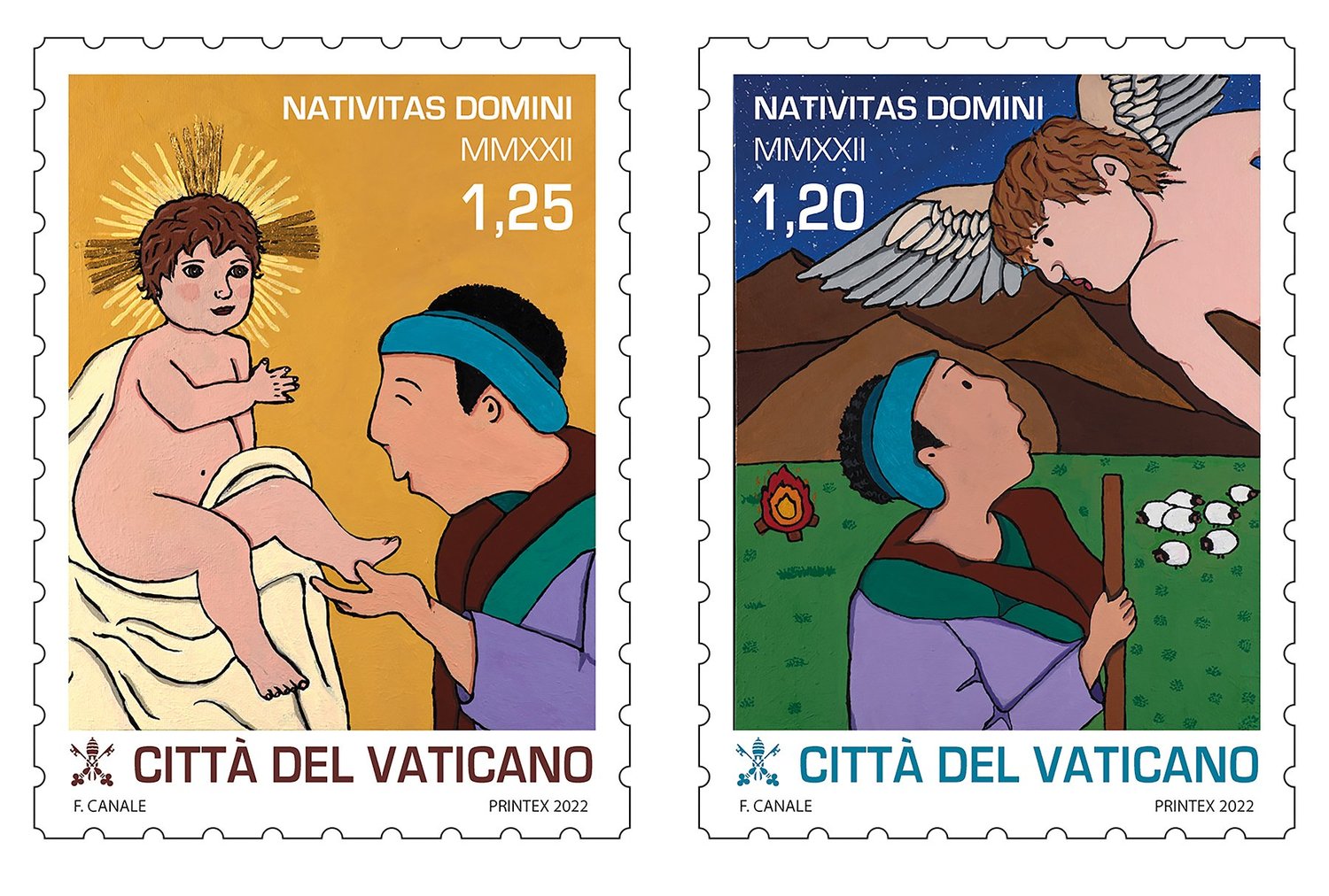 These two Vatican Christmas stamps were painted by Francesco Canale, an artist born without arms or legs who paints holding a brush between his teeth. The €1.20 Christmas stamps will go on sale at the Vatican post office Nov. 16, 2022
