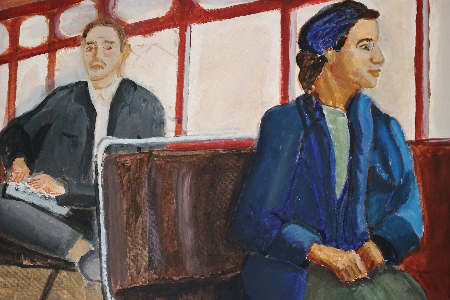 A painting of Rosa Parks refusing to give up her seat on a bus.