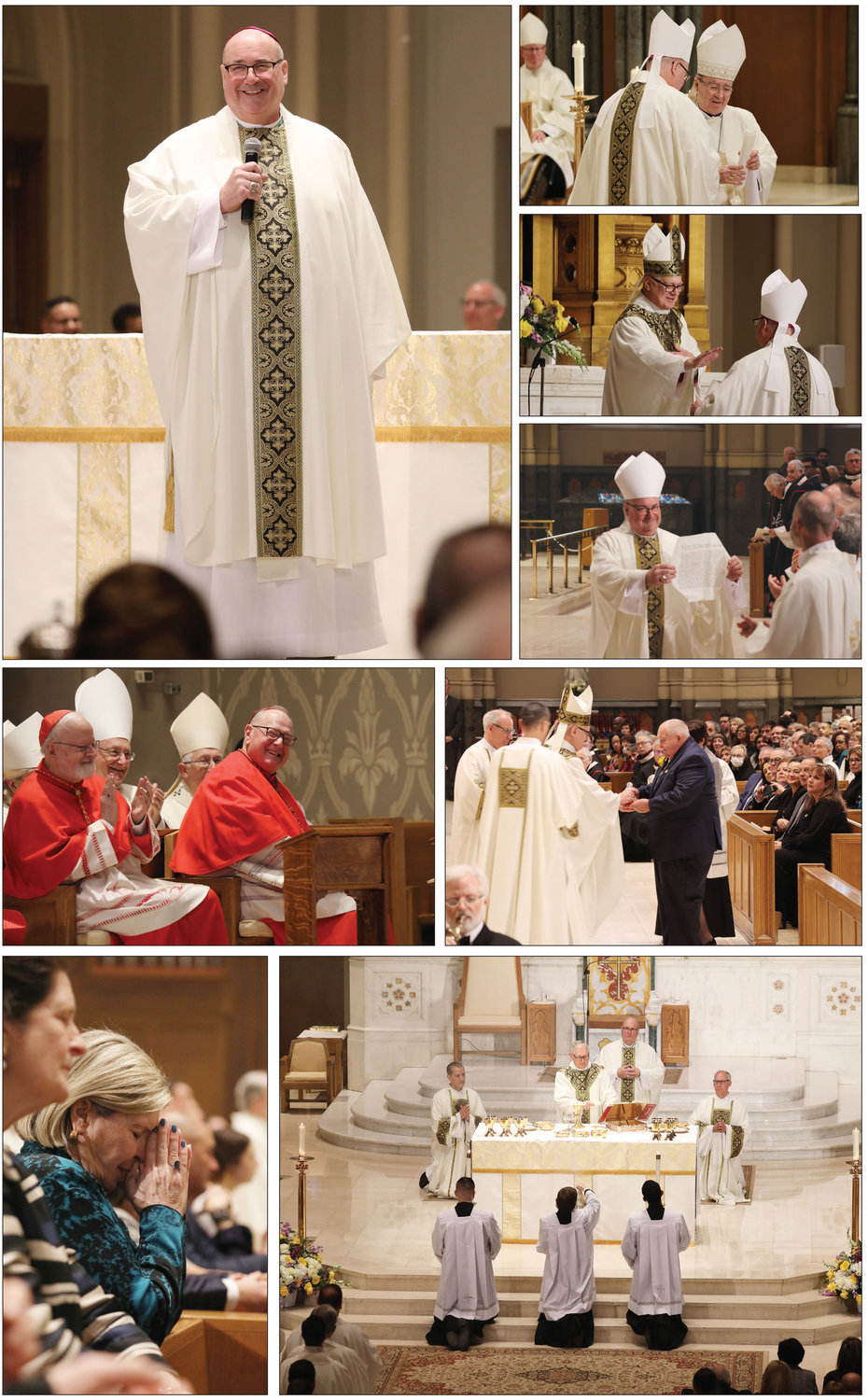 Clockwise, from top left: Bishop Richard G. Henning delivers a humorous line during his homily; Apostolic Nuncio Archbishop Christophe Pierre presents Bishop Henning with the papal bull certifying his new office; Bishop Thomas J. Tobin witnesses to the decree; Bishop Henning displays the document to the faithful; Bishop Tobin receives the gifts from Richard and Maureen Henning, parents of Bishop Henning; the Liturgy of the Eucharist; diocesan benefactor Barbara Papitto prays during the Mass; Boston Cardinal Seán Patrick O’Malley, left, and New York Cardinal Timothy Dolan are introduced by Bishop Tobin.