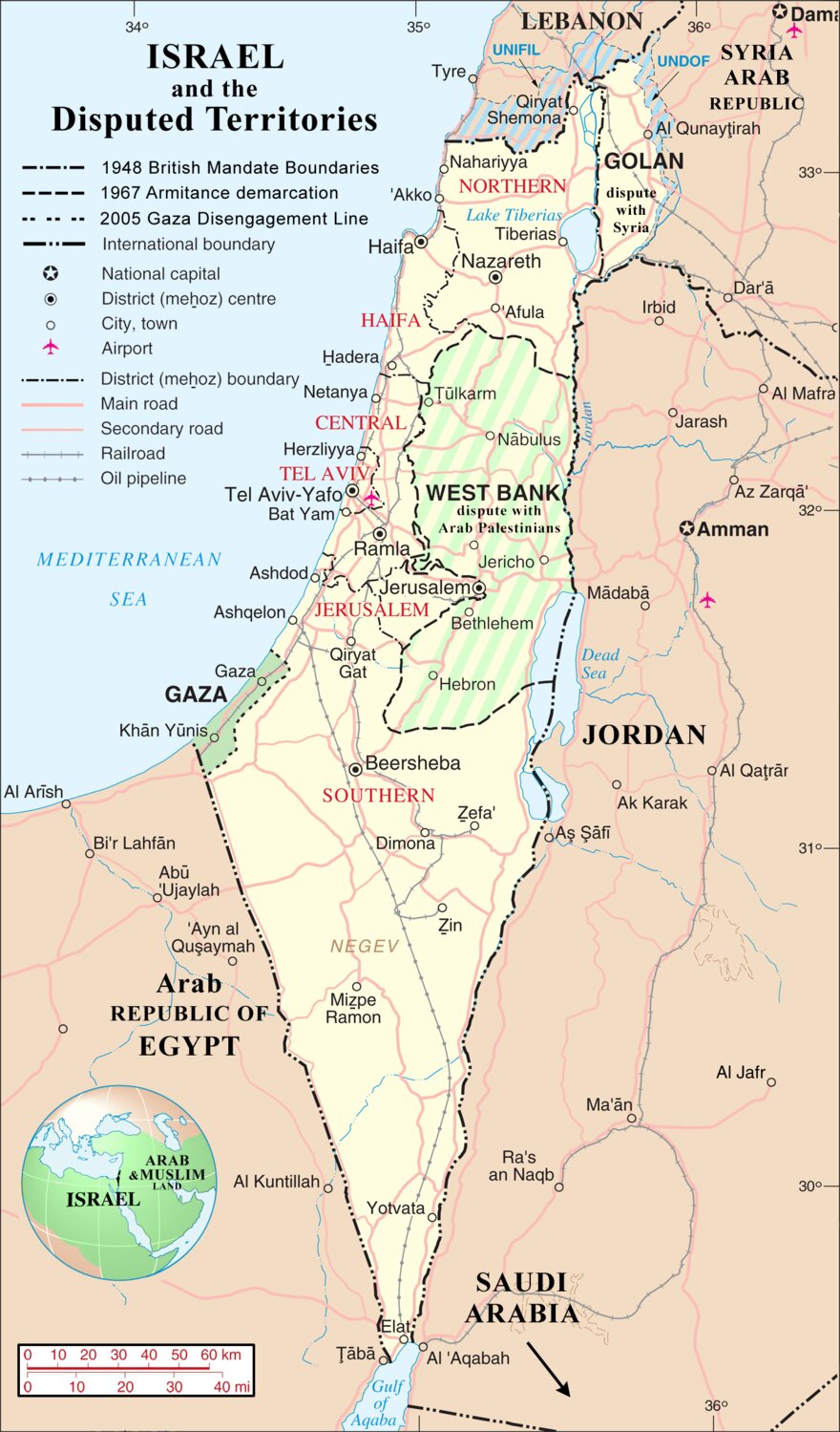 A cartographer’s view of Israel, the Palestinian West Bank and Gaza, as well as the Golan Heights.