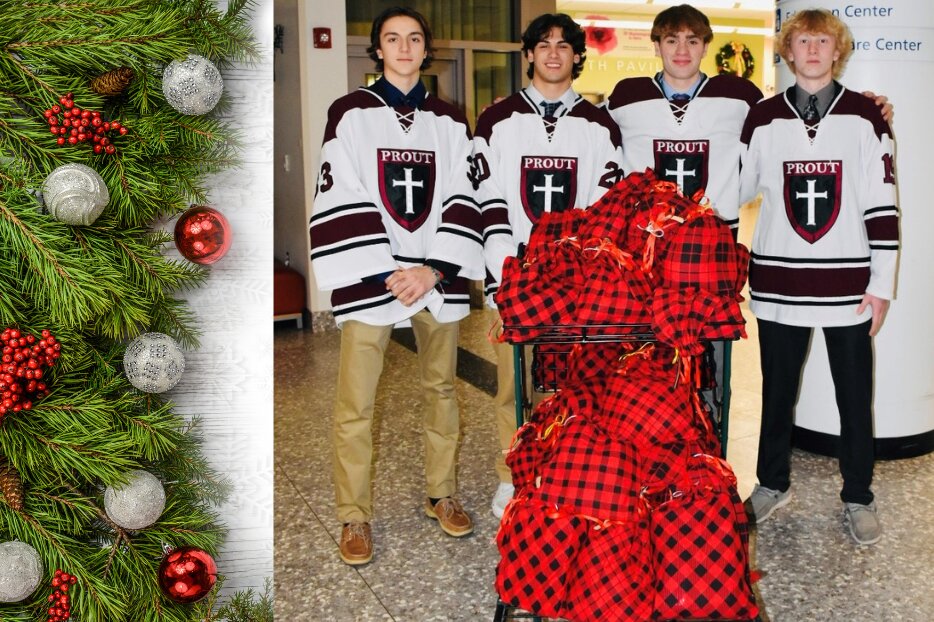 From left to right Owen Glass, Derek Gesmondi, Tyler Simo, Jackson Reeves pose with special care packages delivered just in time for Christmas.
